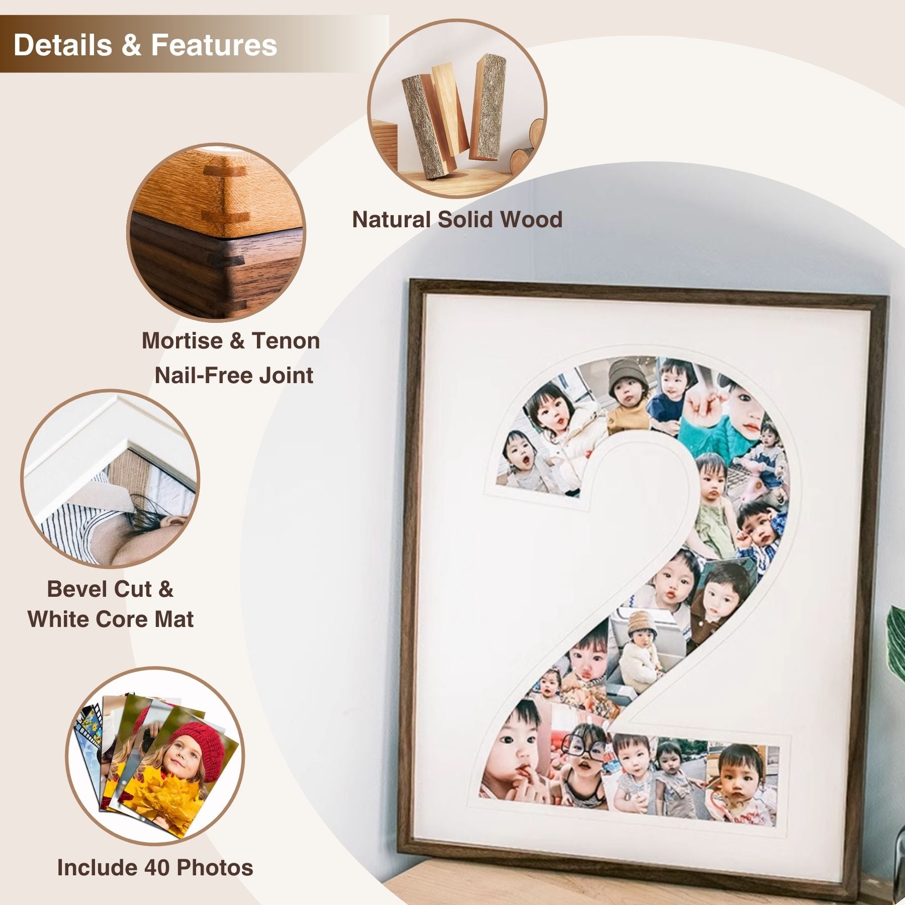 Solid Wood Frame, DIY Birthday/Anniversary Photo Frames, Creative Number Photo Frames, Including 40 Photos